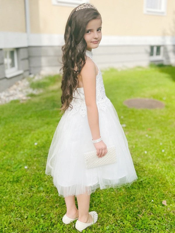A-Line/Princess Tulle Lace Halter Sleeveless Knee-Length Flower Girl Dresses CICIP0007550