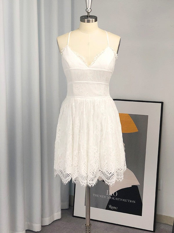 A-Line/Princess Spaghetti Straps Sleeveless Lace Short/Mini Homecoming Dresses CICIP0004568