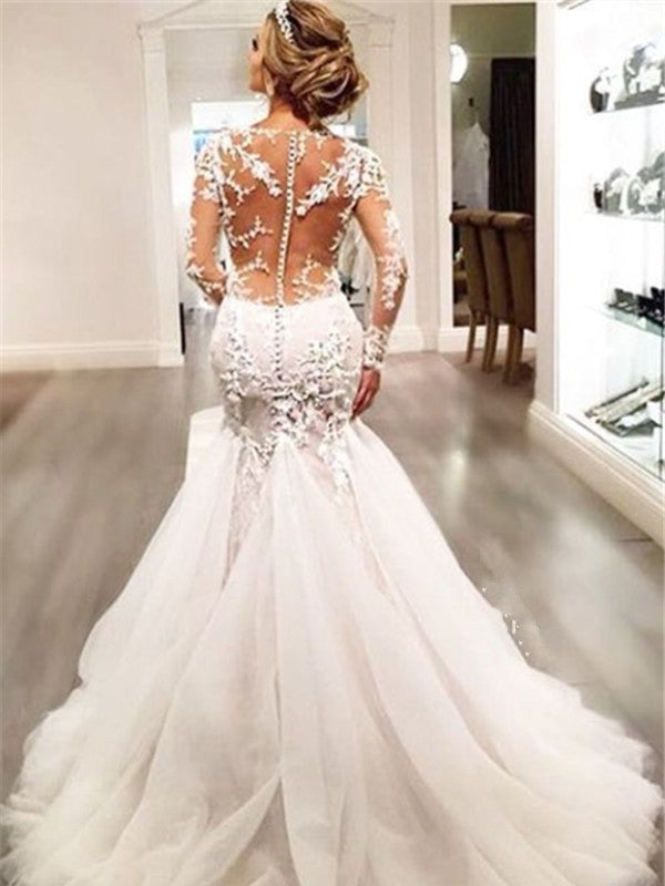 Trumpet/Mermaid V-neck Long Sleeves Lace Court Train Tulle Wedding Dresses CICIP0005957