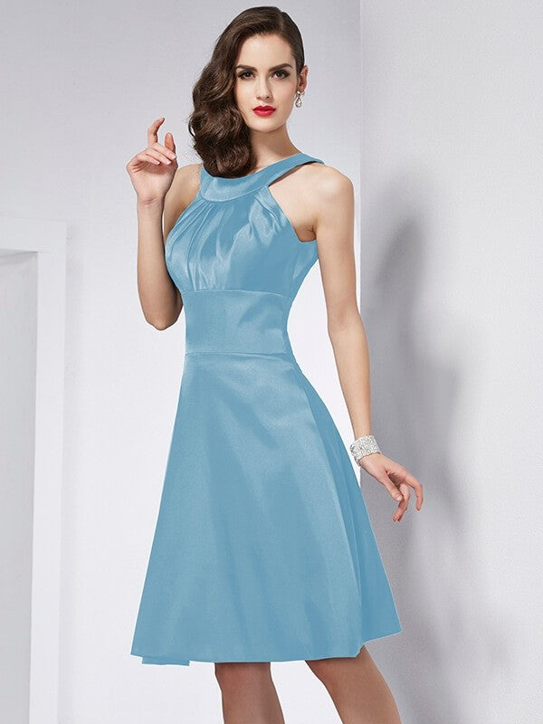 A-Line/Princess Scoop Sleeveless Pleats Short Elastic Woven Satin Bridesmaid Dresses CICIP0005103