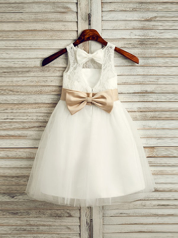 A-Line/Princess Tulle Bowknot Scoop Sleeveless Tea-Length Flower Girl Dresses CICIP0007522