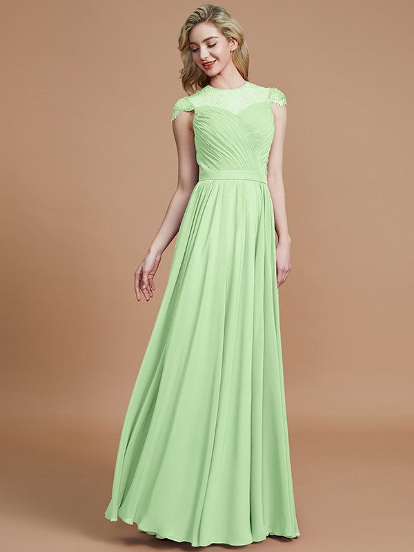 A-Line/Princess Scoop Short Sleeves Chiffon Floor-Length Bridesmaid Dresses CICIP0005597