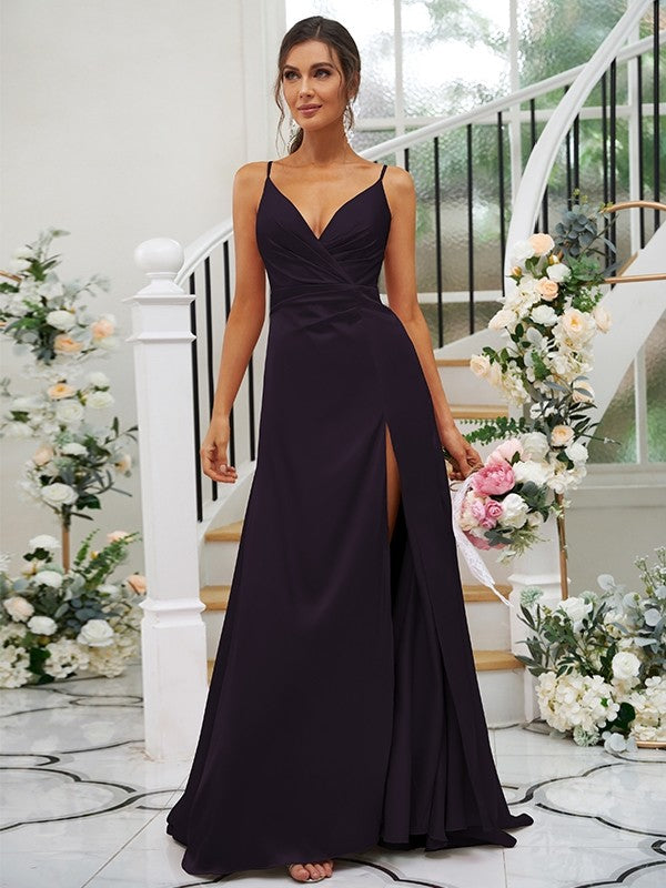 A-Line/Princess Silk like Satin Ruched V-neck Sleeveless Floor-Length Bridesmaid Dresses CICIP0004934