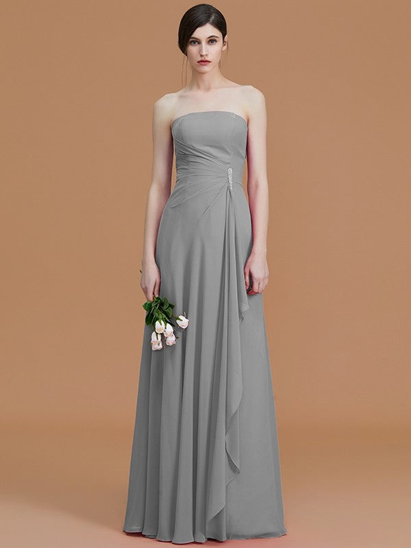 A-Line/Princess Strapless Sleeveless Floor-Length Ruffles Chiffon Bridesmaid Dresses CICIP0005756