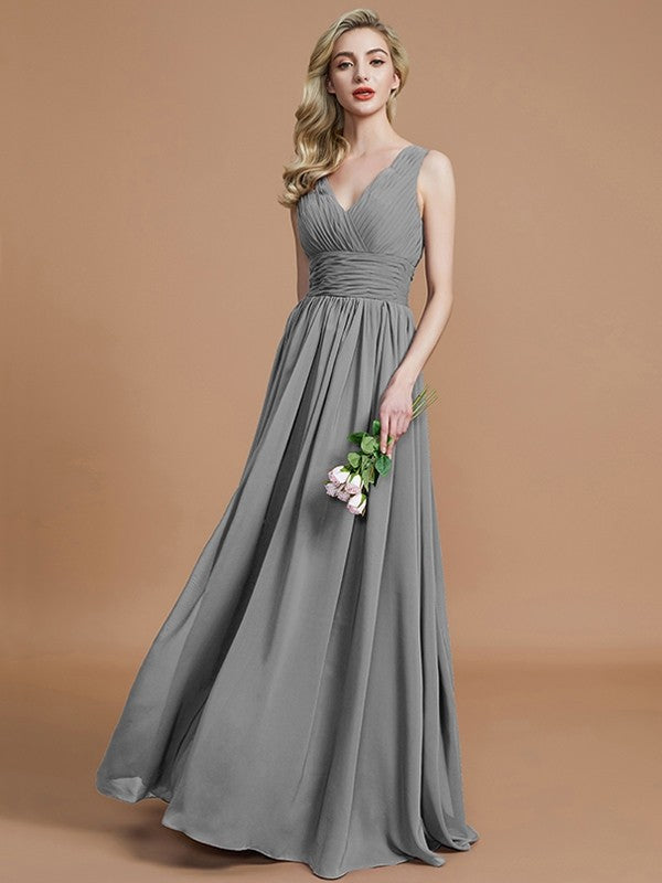 A-Line/Princess Sleeveless V-neck Floor-Length Chiffon Bridesmaid Dresses CICIP0005347