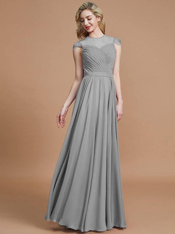 A-Line/Princess Scoop Short Sleeves Chiffon Floor-Length Bridesmaid Dresses CICIP0005597