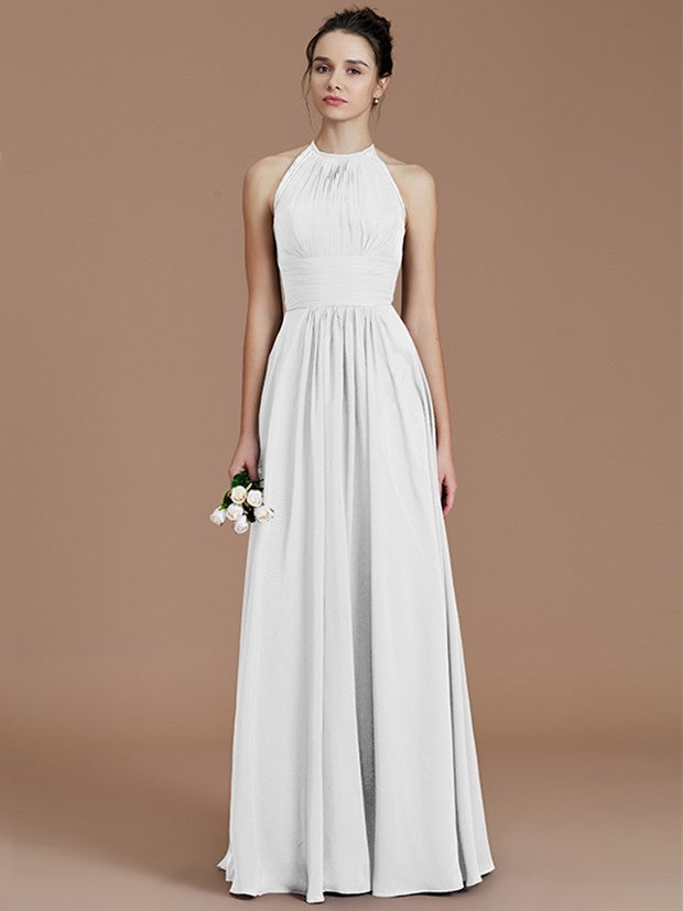 A-Line/Princess Halter Sleeveless Ruched Floor-Length Chiffon Bridesmaid Dresses CICIP0005263