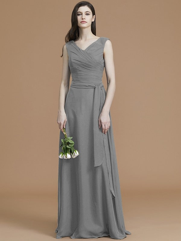 A-Line/Princess V-neck Sleeveless Floor-Length Sash/Ribbon/Belt Chiffon Bridesmaid Dresses CICIP0005812