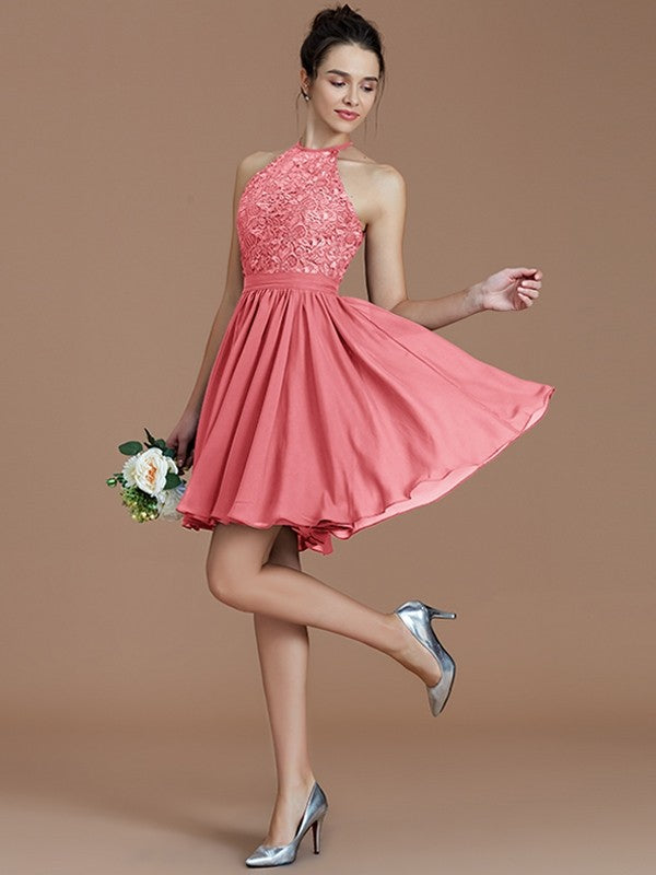 A-Line/Princess Halter Sleeveless Lace Short/Mini Chiffon Bridesmaid Dresses CICIP0005132