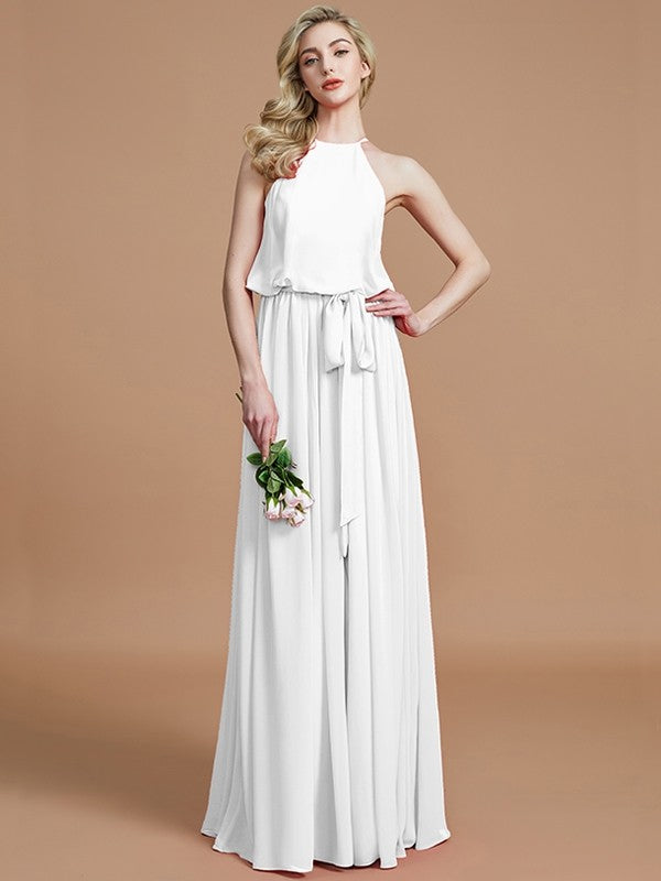 A-Line/Princess Halter Sleeveless Sash/Ribbon/Belt Floor-Length Chiffon Bridesmaid Dresses CICIP0005604