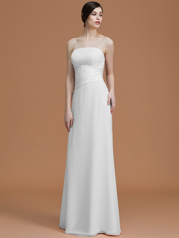 A-Line/Princess Strapless Sleeveless Floor-Length Ruched Chiffon Bridesmaid Dresses CICIP0005696