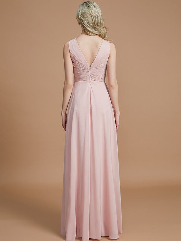 A-Line/Princess V-neck Sleeveless Ruched Floor-Length Chiffon Bridesmaid Dresses CICIP0005343