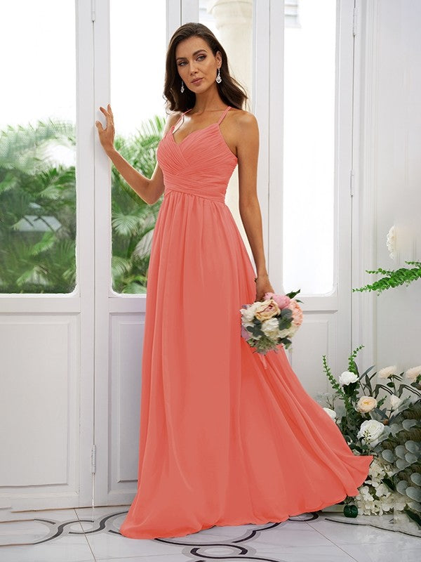 A-Line/Princess Chiffon Ruched V-neck Sleeveless Floor-Length Bridesmaid Dresses CICIP0004928