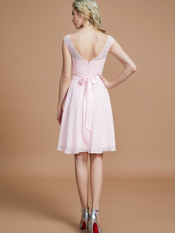 A-Line/Princess Bateau Sleeveless Lace Short/Mini Chiffon Bridesmaid Dresses CICIP0005467
