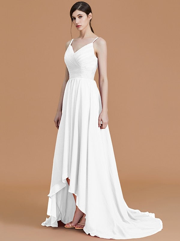 A-Line/Princess Spaghetti Straps Sleeveless Asymmetrical Ruffles Chiffon Bridesmaid Dresses CICIP0005312