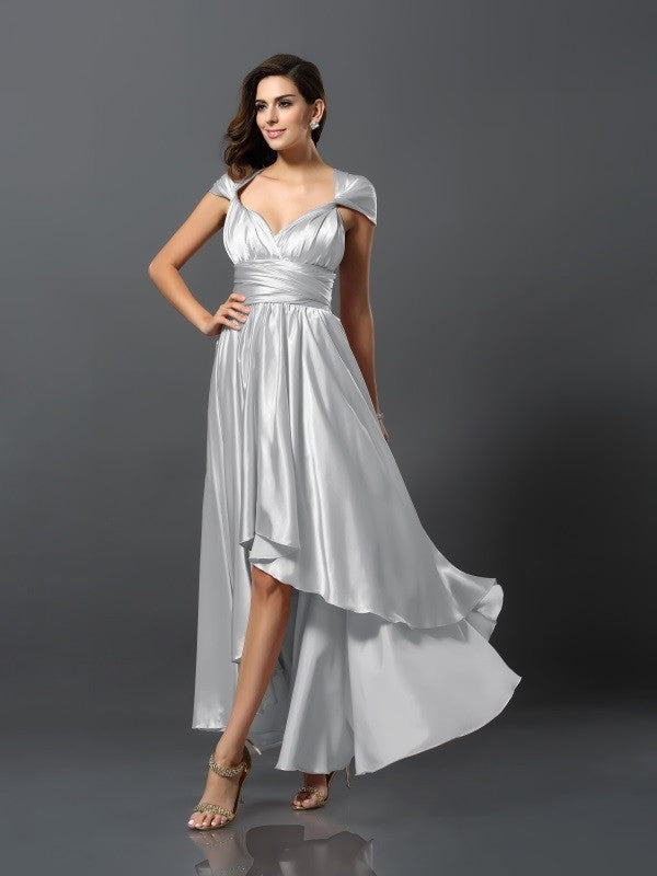 Sheath/Column Sleeveless High Low Silk like Satin Bridesmaid Dresses CICIP0005141