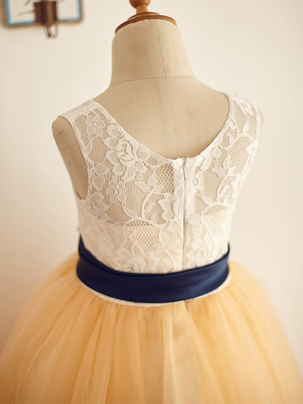 A-Line/Princess Sleeveless Tulle Lace Scoop Floor-Length Flower Girl Dresses CICIP0007895