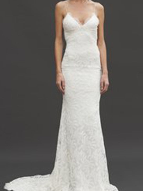 Sheath/Column Sleeveless V-neck Spaghetti Straps Court Train Lace Wedding Dresses CICIP0006240