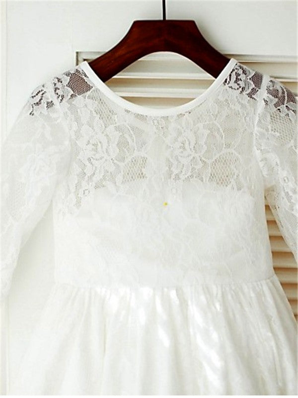 A-line/Princess Scoop Long Sleeves Bowknot Ankle-Length Lace Flower Girl Dresses CICIP0007709