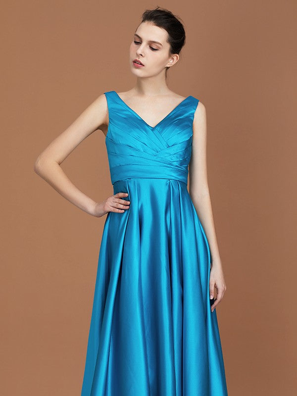 A-Line/Princess V-neck Sleeveless Floor-Length Ruffles Satin Bridesmaid Dress CICIP0005646