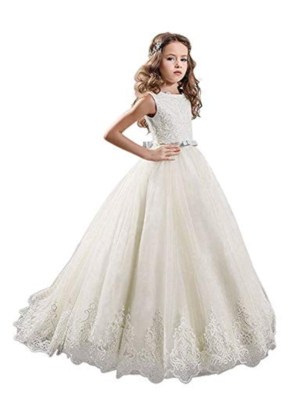 Ball Gown Jewel Sleeveless Lace Sweep/Brush Train Tulle Flower Girl Dresses CICIP0007536