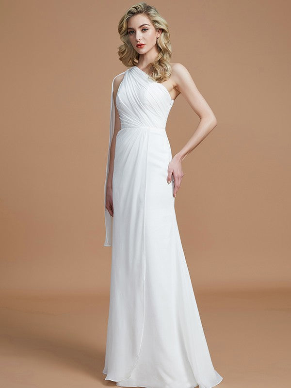 Sheath/Column One-Shoulder Sleeveless Floor-Length Chiffon Bridesmaid Dresses CICIP0005565