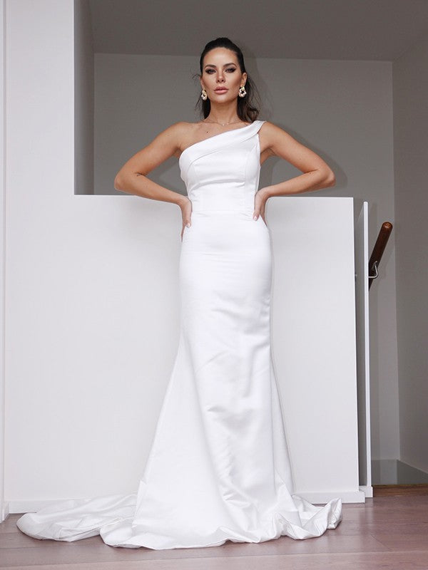 Sheath/Column Satin One-Shoulder Ruched Sleeveless Sweep/Brush Train Wedding Dresses CICIP0006065