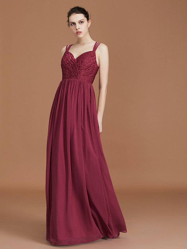 A-Line/Princess Lace Sweetheart Chiffon Ruched Floor-Length Bridesmaid Dresses CICIP0005841