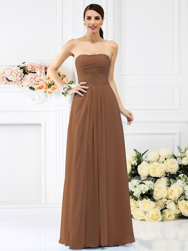 A-Line/Princess Strapless Pleats Sleeveless Long Chiffon Bridesmaid Dresses CICIP0005732