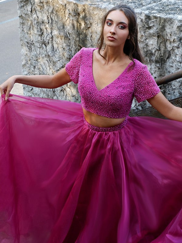 A-Line/Princess Tulle V-neck Beading Short Sleeves Floor-Length Two Piece Dresses CICIP0004767