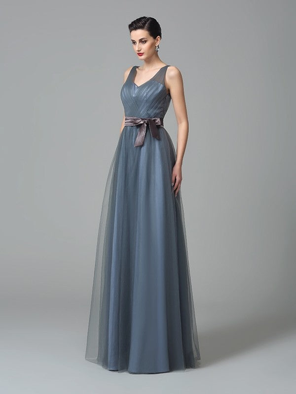 A-Line/Princess Straps Sash/Ribbon/Belt Sleeveless Long Net Bridesmaid Dresses CICIP0005595