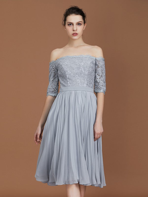 A-Line/Princess Off-the-Shoulder Short Sleeves Lace Tea-Length Chiffon Bridesmaid Dress CICIP0005561