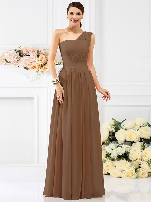A-Line/Princess One-Shoulder Pleats Sleeveless Long Chiffon Bridesmaid Dresses CICIP0005059