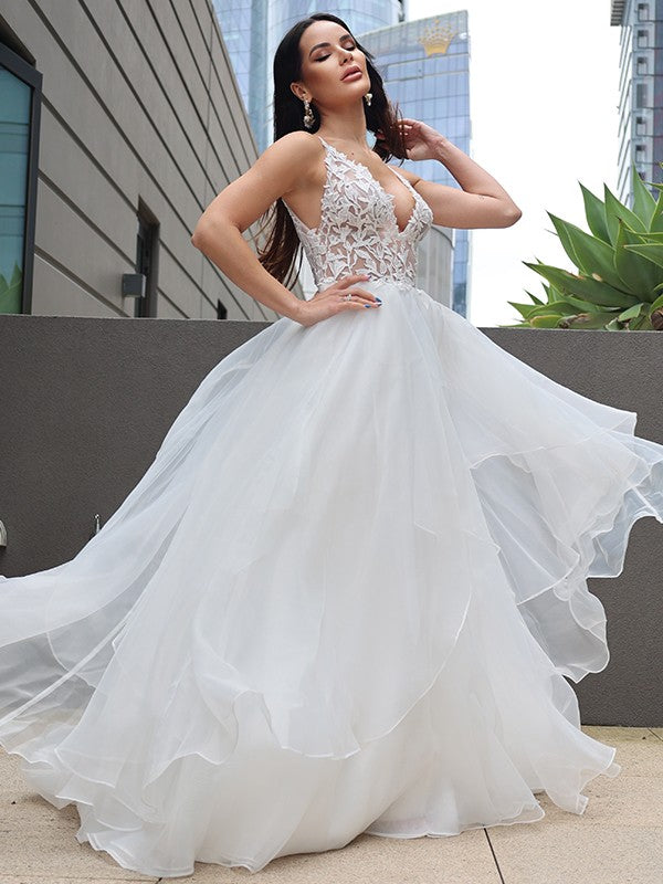 A-Line/Princess Lace Ruffles V-neck Sleeveless Sweep/Brush Train Wedding Dresses CICIP0005904