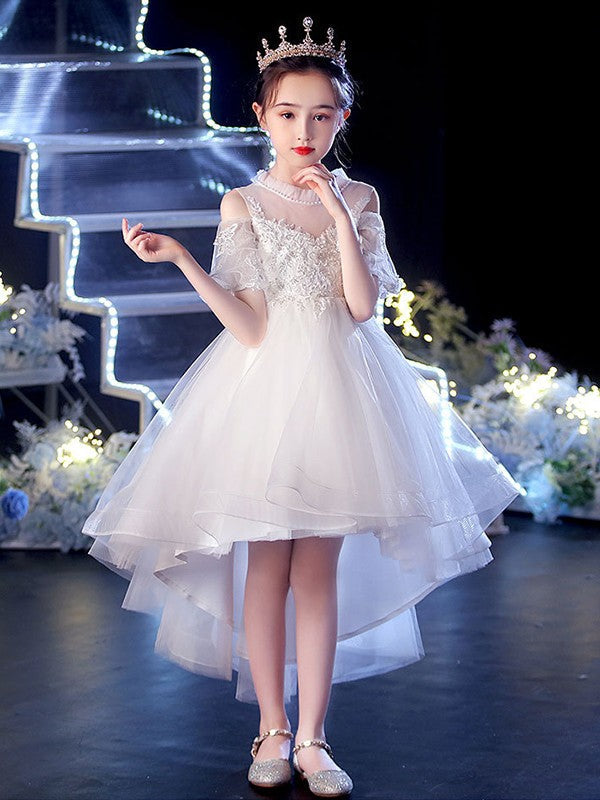 A-Line/Princess Tulle Applique Scoop Short Sleeves Asymmetrical Flower Girl Dresses CICIP0007509