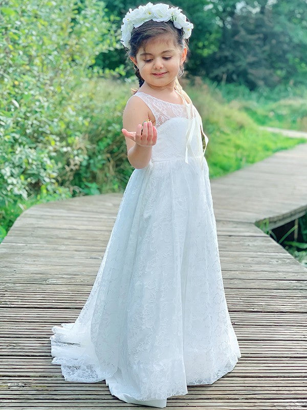 A-Line/Princess Lace Ruffles Scoop Sleeveless Ankle-Length Flower Girl Dresses CICIP0007475