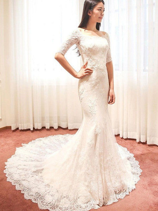Trumpet/Mermaid 1/2 Sleeves Square Cathedral Train Applique Lace Wedding Dresses CICIP0006540