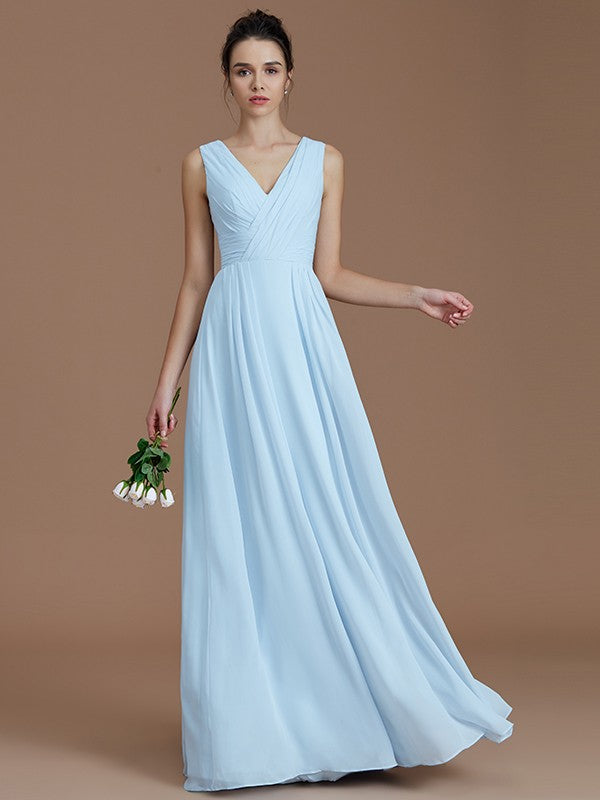 A-Line/Princess V-neck Sleeveless Ruched Floor-Length Chiffon Bridesmaid Dresses CICIP0005037