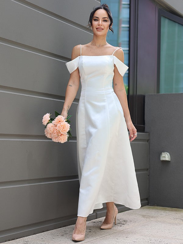 A-Line/Princess Satin Ruffles Spaghetti Straps Sleeveless Ankle-Length Wedding Dresses CICIP0007030