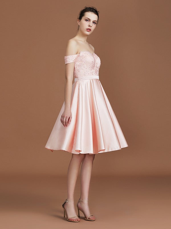 A-Line/Princess Applique Sweetheart Knee-Length Off-the-Shoulder Satin Bridesmaid Dresses CICIP0005680
