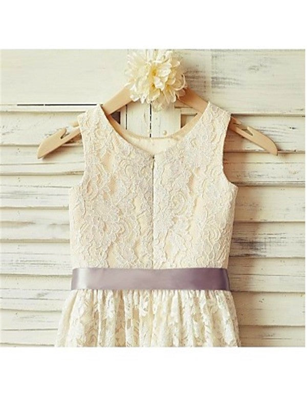 A-line/Princess Scoop Sleeveless Bowknot Tea-Length Lace Flower Girl Dresses CICIP0007797