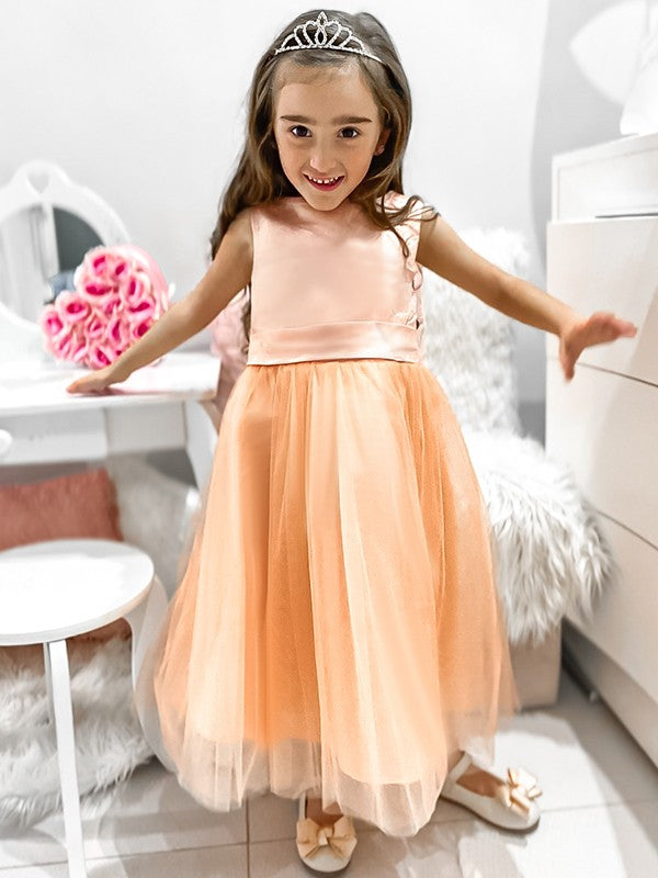 A-Line/Princess Tulle Bowknot Scoop Sleeveless Tea-Length Flower Girl Dresses CICIP0007500