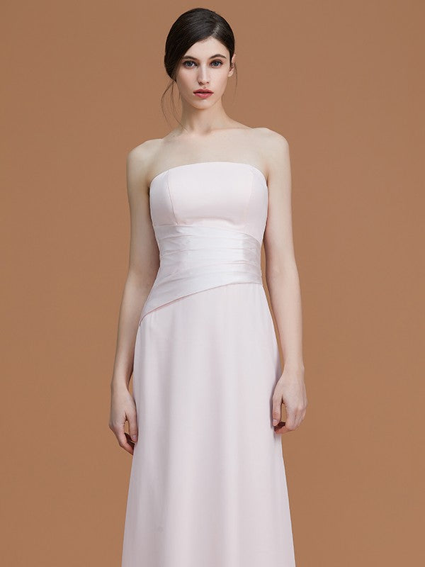 A-Line/Princess Strapless Sleeveless Floor-Length Ruched Chiffon Bridesmaid Dresses CICIP0005696
