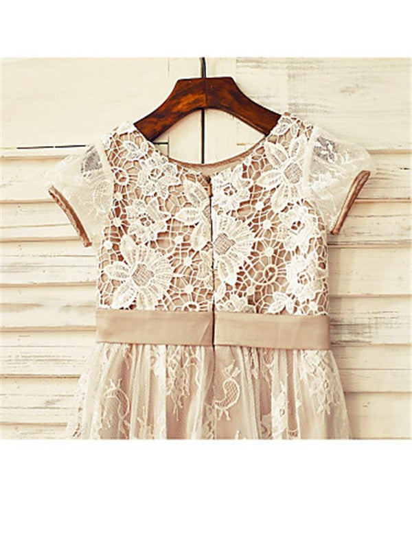 A-line/Princess Scoop Short Sleeves Hand-made Flower Tea-Length Lace Flower Girl Dresses CICIP0007728