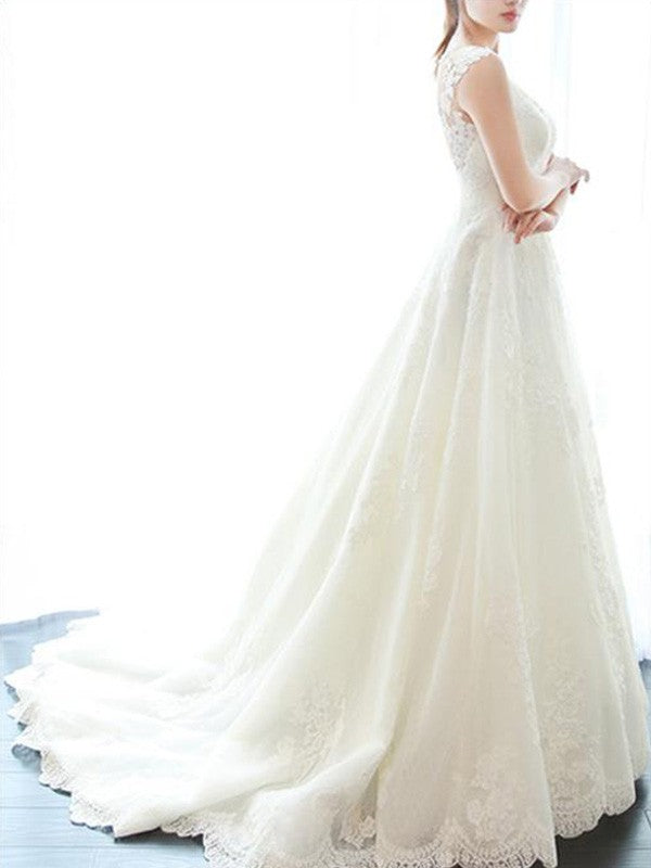A-Line/Princess Sleeveless V-neck Court Train Applique Lace Wedding Dresses CICIP0006590