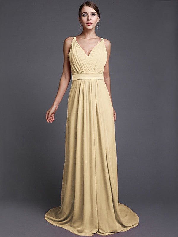 A-Line/Princess V-neck Sleeveless Long Ruffles Chiffon Bridesmaid Dresses CICIP0005515