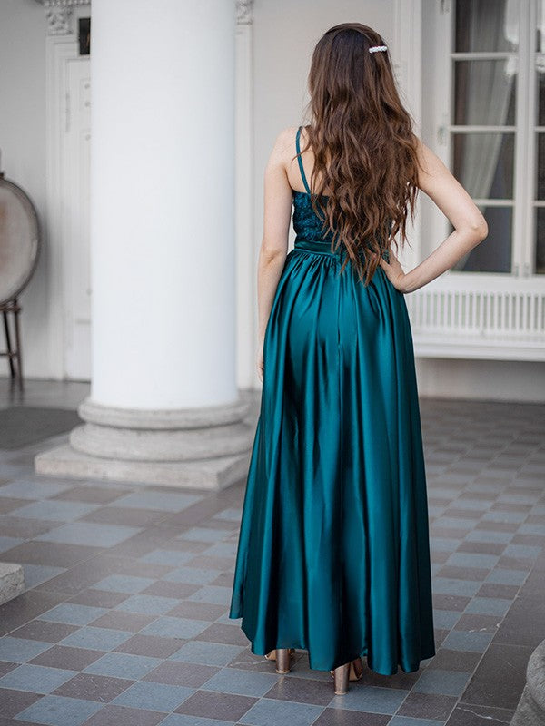 A-Line Spaghetti Straps Sleeveless Floor-Length With Lace Silk like Satin Dresses CICIP0004785