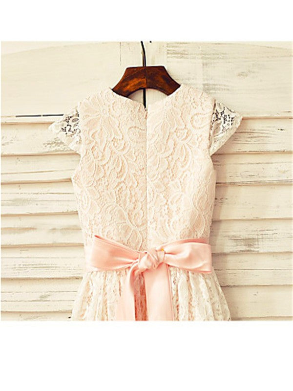 A-line/Princess Scoop Hand-made Flower Short Sleeves Tea-Length Lace Flower Girl Dresses CICIP0007819