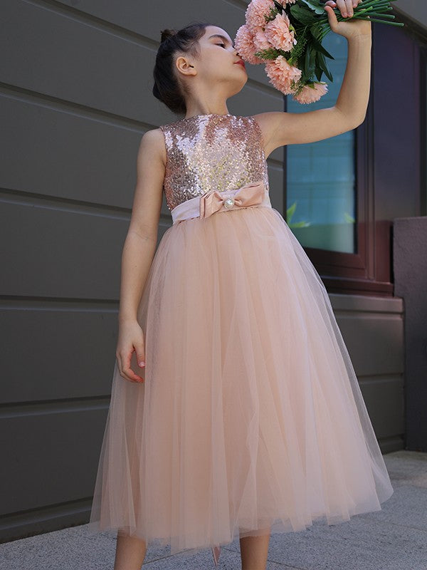 A-Line/Princess Tulle Bowknot Scoop Sleeveless Tea-Length Flower Girl Dresses CICIP0007463