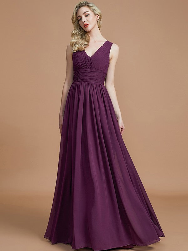 A-Line/Princess Sleeveless V-neck Floor-Length Chiffon Bridesmaid Dresses CICIP0005347